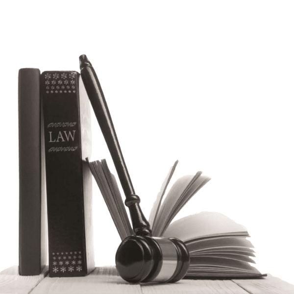 A collection of legal books neatly arranged and accompanied by a hammer, symbolizing the legal system's balance between knowledge and justice.